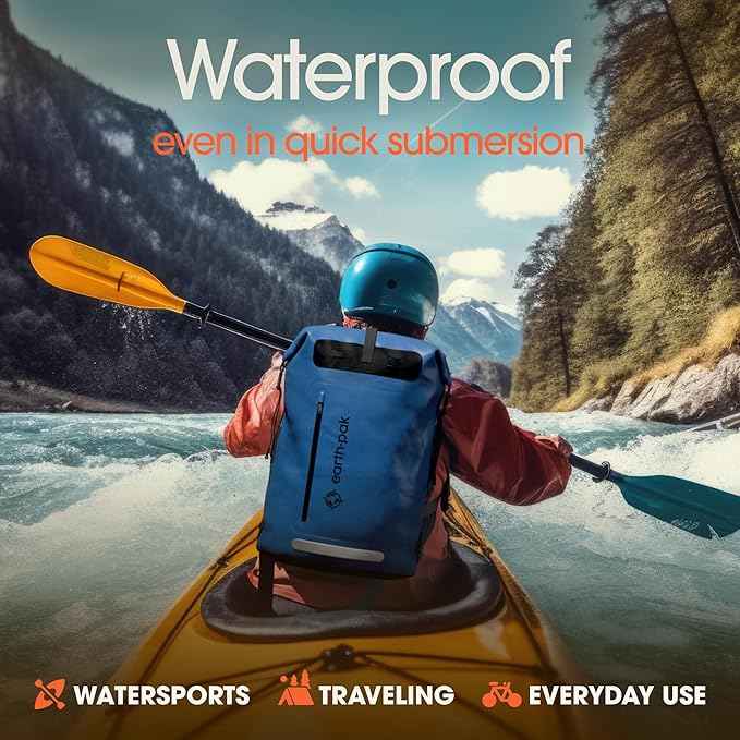 Earth Pak Waterproof Backpack - Heavy Duty Roll-Top Closure with Easy Access Front-Zippered Pocket and Cushioned Padded Back Panel for Comfort with IPX8 Waterproof Phone Case, Blue, 85L, Messenger Bag