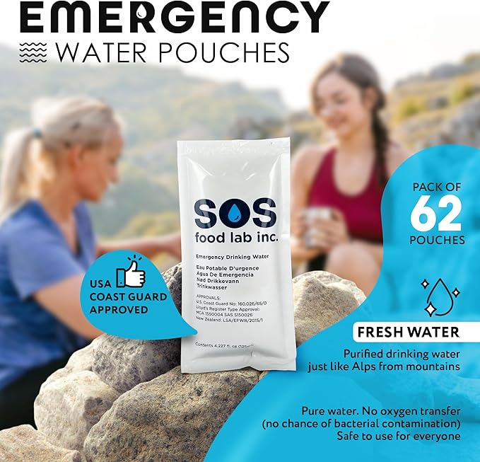 S.O.S Emergency Drinking Water – 62 Packets (4.22 oz Each) – 5-Year Shelf Life, Disaster Preparedness Supply, Portable Survival Water with Usage Tips – Ideal for Home, Car, Hiking, Camping