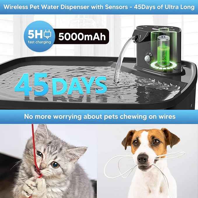 Dog Water Fountain Wireless,2.1GAL/8L Large Dog Water Fountain Battery Operated, Dog Fountain Water Bowl with Sensor,Wireless Smart Pump,Timer,BPA-Free,Ideal for Large Dogs,Multi-Pet Home