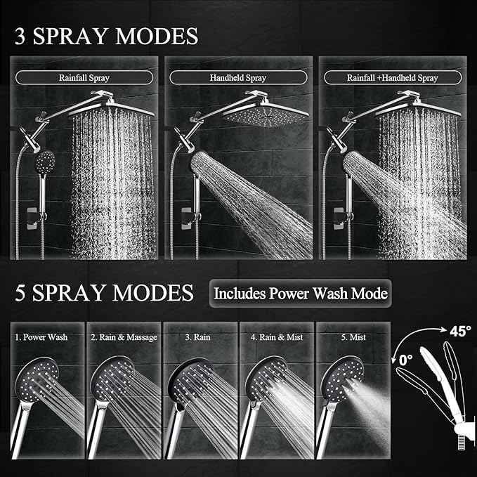 Veken 14" Wide Rain Shower Head with Handheld, High Pressure Handheld Shower Heads with Multi Spray Modes, Rainfall Combo with Metal Extension Arm,Detachable Dual Shower, Extra Long Hose,Silver Chrome