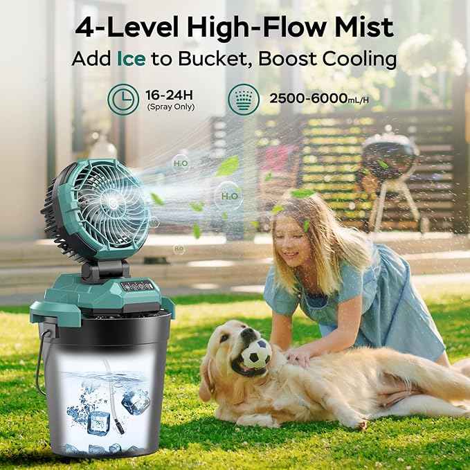 Portable Misting Fan for Outdoors Patios - 30000mAh Rechargeable Battery Powered Camping Fan, 4 Spray Mister with Timer, Fits 10-13" Bucket, 4 Speed, 90° Auto Oscillation for Garden Sports Travel Golf