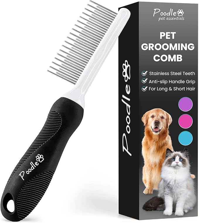 POODLIE Poodle Pet Dog Combs for Grooming Matting - Metal Comb for Dogs with Long & Short Stainless Steel Teeth - Dematting Comb for Cats to Remove Matted Hair & Knots, Black - AquaVibe