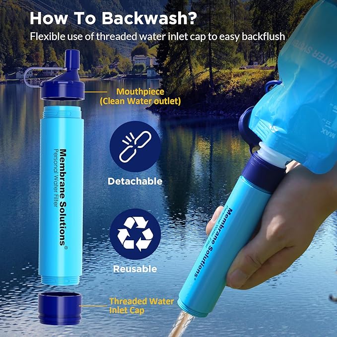 Membrane Solutions Squeeze Water Filtration System, Survival Water Purifier Kit, Portable Backpacking Gear for Hiking Camping Travel(6+4)