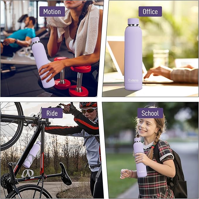 Exllena Slim Insulated Water Bottles for Travel 25oz with Clip, Double Wall Vacuum Stainless Steel Water Bottle Keeps Drinks Cold 24 Hrs/Hot 12 Hrs, 100% Leakproof, BPA Free(Purple)