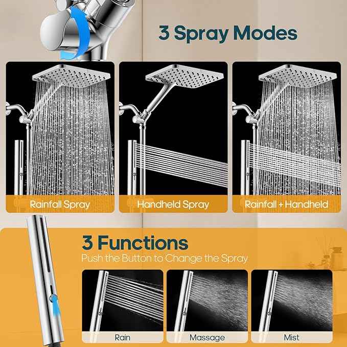 Hombeter High Pressure Rain Shower Head with Handheld Combo, 10 Inch Square Rainfall Showerhead, Adjustable Slide Bar Dual Shower System, 3 Spray Modes, 59" Stainless Steel Hose,Chrome