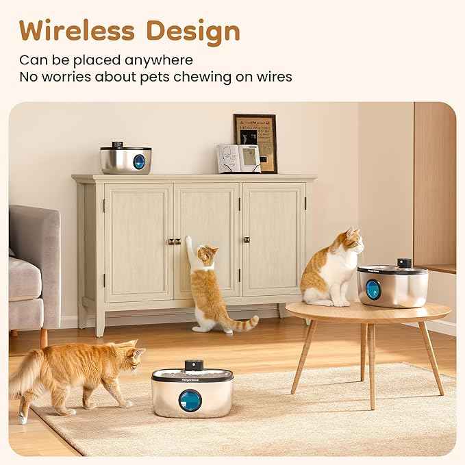 Wireless Cat Water Fountain Stainless Steel: 5L Stainless Steel Pet Water Fountain for Cats & Dogs Indoor, Automatic Battery Operated Cat Water Fountain, Ultra-Quiet Cat Water Dispenser with Filter