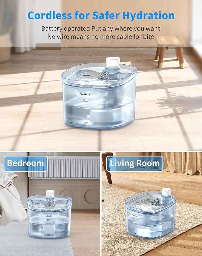 WellToBe Cat Water Fountain Battery Operated Pet Fountain, Smart Infrared Sensor Dog Water Dispenser, 85oz/2.5L Automatic Drinking Fountain with Quiet Pump
