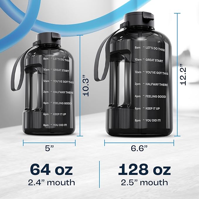 AQUAFIT Half Gallon Water Bottle with Time Marker - Straw & Chug Lid - BPA Free Gym Water Bottle with Straw - Big Gallon Jug (Gray, 64 oz - 2 Lids)