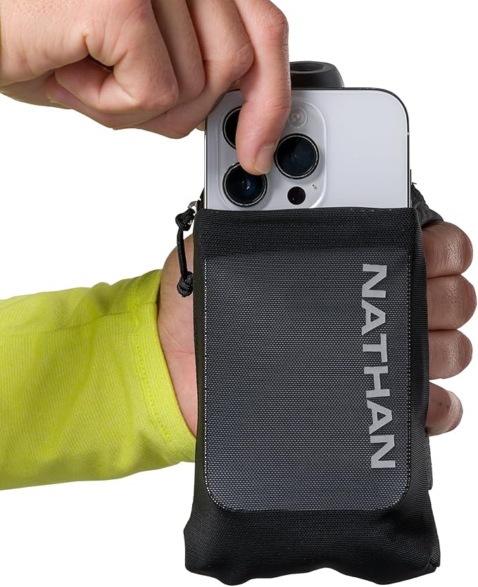 Nathan SpeedDraw 2 Insulated Handheld Running Water Bottle Flask 18oz – Double-Wall Insulation, Ergonomic Grip, Blast Valve Cap, Phone & Key Storage Pockets, Reflective Design
