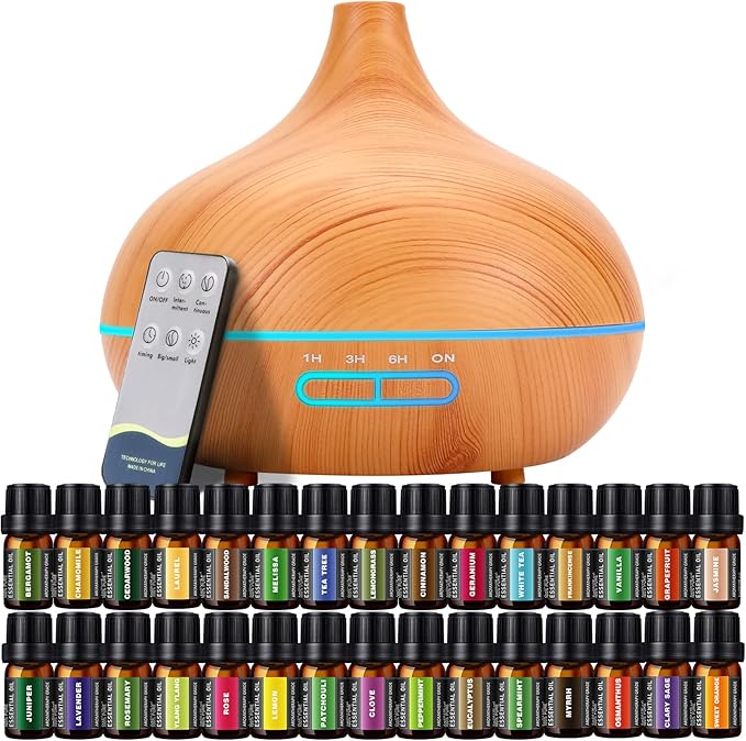 550 ML Aroma Diffiser with Essential Oils Set, Essential Oil Diffuser with Remote, Ultrasonic Technology Aromatherapy Diffusers Auto Shut-Off for Office, Home