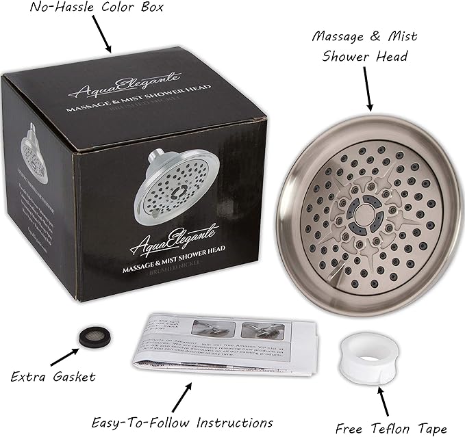 Shower Massage Head With Mist - High Pressure Boosting, Multi-Function, Massager Rainfall Showerhead For Low Flow Showers & Adjustable Water Saving Nozzle, 2.5 GPM - Brushed Nickel - AquaVibe