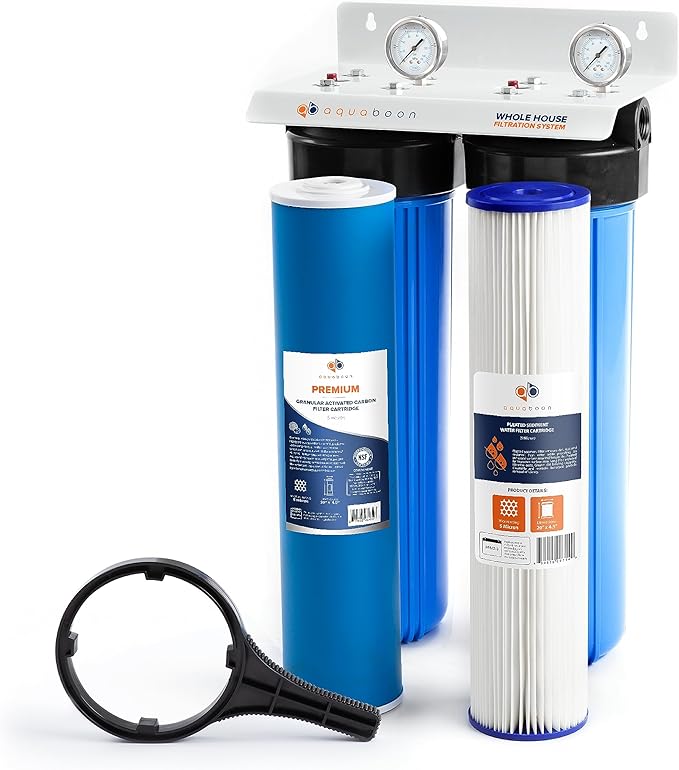 Aquaboon 2-Stage Whole House Water Filter System with 20x4.5 Water Filters Against Sediment & Chlorine | Gauge & Release, Wrench, Bracket Included