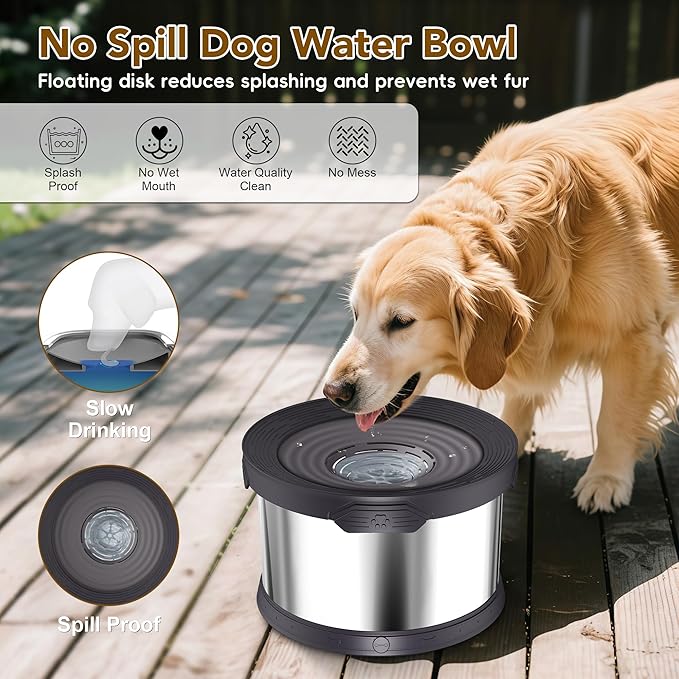 UPSKY Dog Water Bowl No Spill 12L Stainless Steel, 3.17 Gallon Large Capacity Spill-Proof Dog Bowls, Non-Slip Slow Drinking Anti-Splash Bowl for Large Messy Drinkers, No Mess Indoor/Outdoor Use, Black