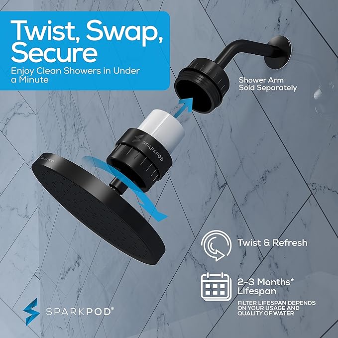 SparkPod Luxury Filtered Shower Head Set 23 Stage Shower Filter - Reduces Chlorine and Heavy Metals - High Pressure Showerhead Filter (8" Round, Midnight Black Matte)