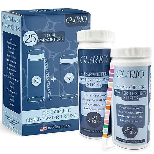 Clario - 25 in 1 Water Tester for Drinking Water - Water Hardness Test Kit for Aquarium, Well, Pool, and Hot Tub - 100 Complete Drinking Water Test Kit - Detects Lead, Chlorine, pH, Hardness and More