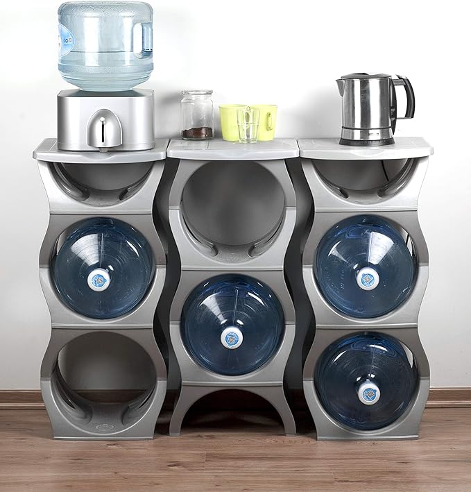 Bariboo Stackable Water Bottle Storage Rack Best Water Jugs 5 Gallon Organizer. Jug Holder for Kitchen, Cabinet and Office Organizing. Reinforced Polypropylene (Silver, 3 Plus Shelf)
