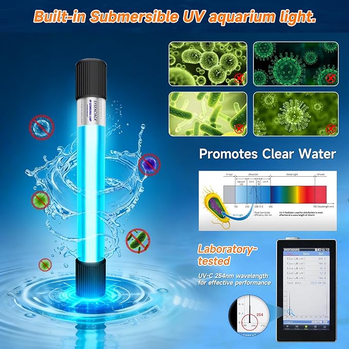 Aquarium Filter with UV, 450GPH for 40-150 Gallon Tanks, Submersible with Timer for Crystal Clear Water in Aquarium, Pond, Turtle Tank（25W ）