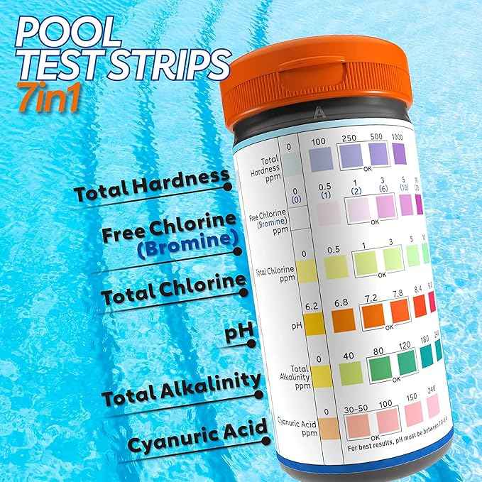 Pool and Hot Tub Test Strips - Medical-Grade Precision 7-1 Pool Test Kit - Testing pH, Free Chlorine(Bromine), Total Alkalinity & Cyanuric Acid & More - Pool Water Test Kit