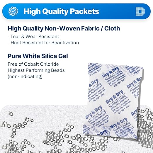 Dry & Dry 50 Gram [200 Packets] Silica Gel Packets Desiccants, Silica Packets - Rechargeable Silica Gel Packs, Desiccants Packets, Silica Gel