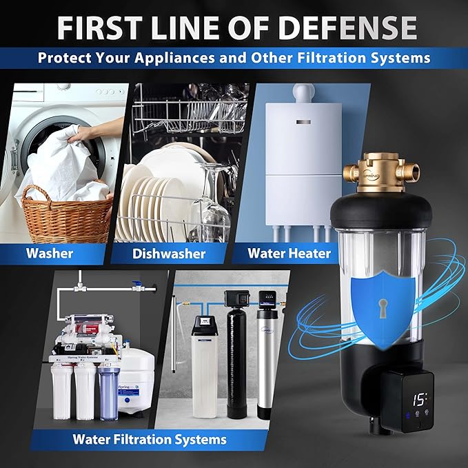 iSpring WSP500ARJ Spin-Down Sediment Water Filter, Upgraded Jumbo Size, Large Capacity, Reusable with Touch-Screen Auto Flushing Module, Brass Top Clear Housing, 500 Microns