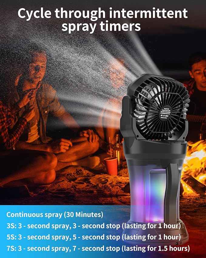 AVV Portable Misting Fan with RGB Ambient Light- 2L Water Tank, 4 Speeds & Spray Mist Fan, 30000mAh Rechargeable Misting Fans for Outdoor/Indoor Fans for Camping, Patio, Garden, Black