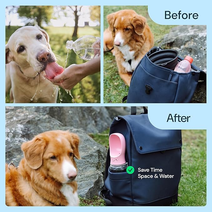 MalsiPree Leak-Proof Portable Dog Water Bottle for Travel - 19 oz, with Pink Bowl - Food Grade Plastic - Dog Bowls - Puppy Essentials - Pet Water Bottle - AquaVibe