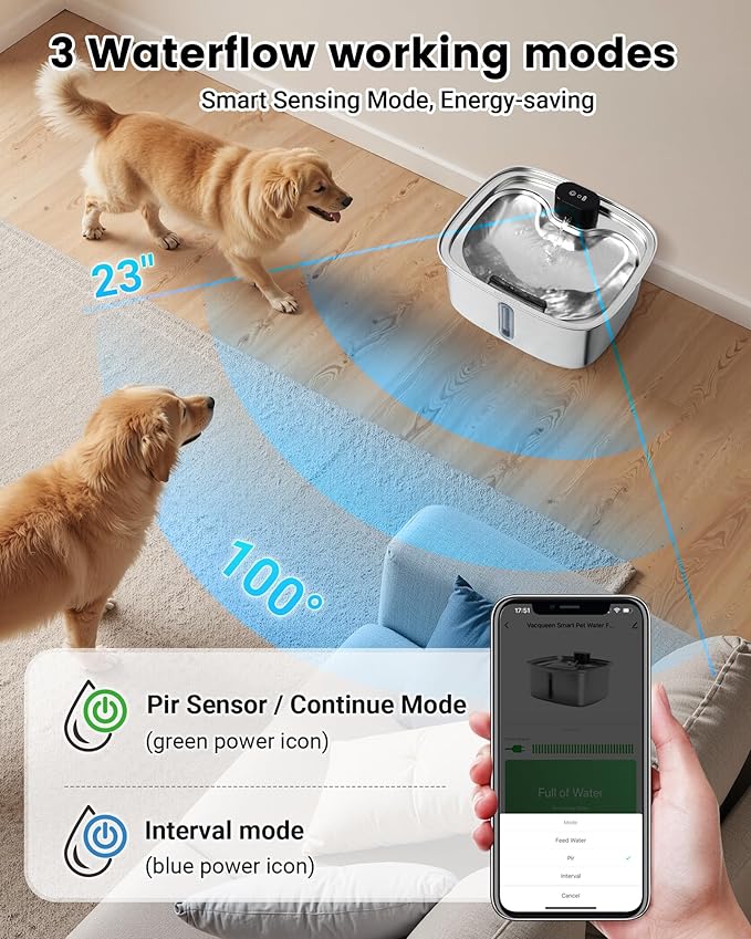 Large Dog Water Bowl Dispenser, 10L/ 338Oz Smart Dog Water Fountain Stainless Steel with APP Monitoring, Automatic Cat Water Fountain for Mutil-Pets Large Dogs 2.64Gal, 3 Fountain Modes 2.4G Wi-Fi