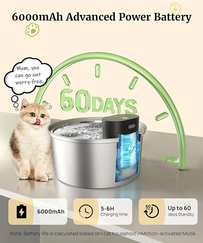 Wireless 3.2L/108oz Stainless Steel Cat & Dog Water Fountain – Cordless Pet Dispenser with Ultra-Quiet Pump, Motion Sensor, Easy-to-Clean Hygienic Design, Encourages Hydration, Multi-Pet Homes
