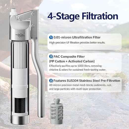 Membrane Solutions Portable Stainless Steel UF Water Filter P1, 0.01-Micron high Precision Detachable Hand Pump Filter System, Survival Gear for Hiking, Camping, Travel, and Emergency Preparedness