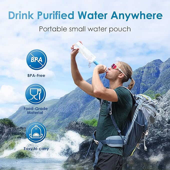 Waterdrop Water Filter Straw 3 Pack with Gravity Water Bag, Gravity Water Filtration System, Water Purifier Survival for Travel, Backpacking, 1.5 gal Bag, 0.1 Micron, 5 Stage Filtration