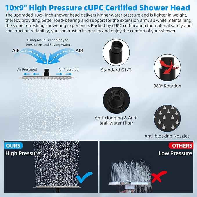 Hibbent All Metal cUPC Certified Rain Shower Head, 10'' High Pressure Rainfall Showerhead with 16" Shower Head Extension Arm, Solid Brass Adjustable Shower Arm Extender, fixed Showerheads, Matte Black