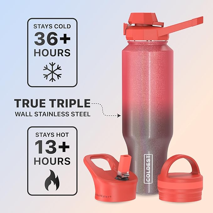 Coldest Sports Water Bottle - 3 in 1 Lids (Chug, Straw, Handle) - Insulated Stainless Steel Tumbler with Handle - Vacuum Water Flask Cup, Valentines Gifts for Him Her (46 oz, Red Nebula Glitter)
