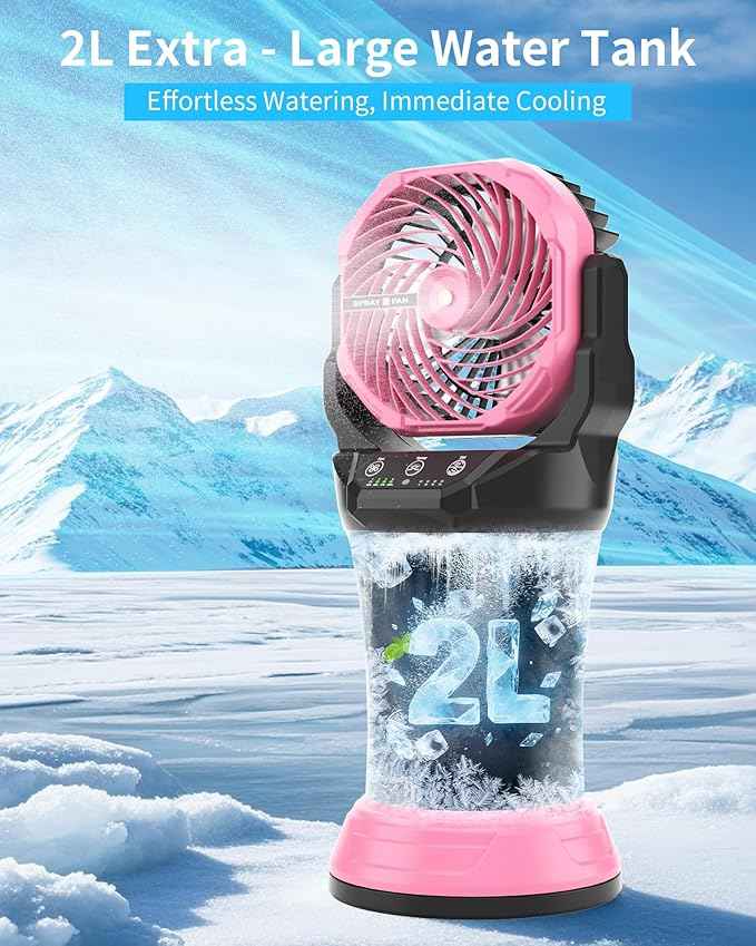 AVV Portable Misting Fan with RGB Ambient Light- 2L Water Tank, 4 Speeds & Spray Mist Fan, 30000mAh Rechargeable Misting Fans for Outdoor/Indoor Fans for Camping, Patio, Garden, Black-Pink