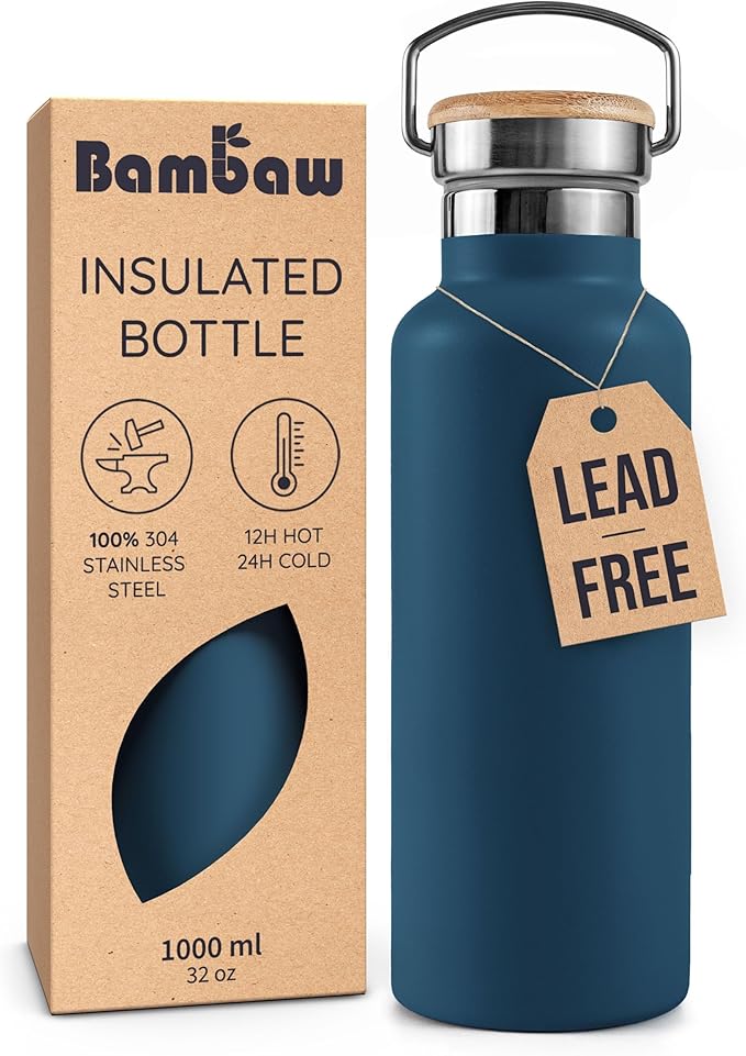Bambaw Insulated Water Bottle 32 oz, Reusable Water Bottle Stainless Steel, For Hot & Cold Drinks, Wide Mouth for Easy Cleaning, Rust-Resistant & Durable (Aegean Blue)