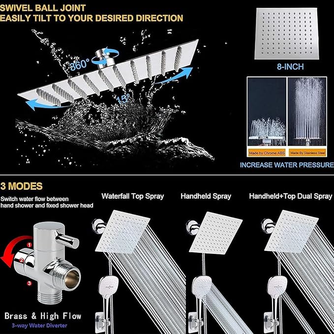 NearMoon Shower Head with Hose, High Pressure Stainless Steel Rain Shower and 3 Settings Handheld Spray Combo with Push Button Flow Control (8 Inch Showerhead Set, Chrome Finish) - AquaVibe