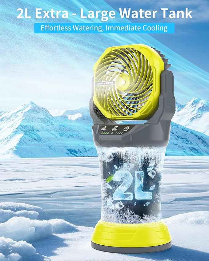 AVV Portable Misting Fan with RGB Ambient Light -2L Water Tank, 4 Speeds & Spray Mist Fan, 30000mAh Rechargeable Misting Fans for Outdoor/Indoor Fans for Camping, Patio, Garden, Grey-Green