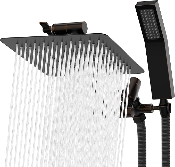 All Metal Shower Head 8" Dual Square Shower Head With Handheld Wand 71in Hose Set, High Pressure Rain Shower Heads Combo, 3-Way Diverter Rainfall Showerhead with Adjustable Extension Arm