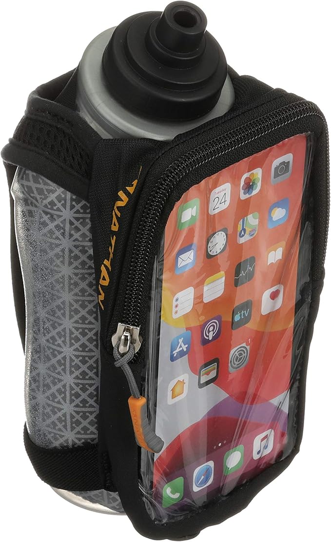 Nathan SpeedDraw 2 Insulated Handheld Running Water Bottle Flask 18oz – Double-Wall Insulation, Ergonomic Grip, Blast Valve Cap, Phone & Key Storage Pockets, Reflective Design