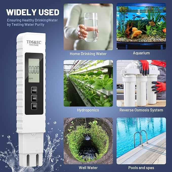 TDS Meter Digital Water Tester, 3 in 1 TDS EC & Temperature Meter(°C, °F) 0-9990 ppm Water Quality Tester Portable Water Testing Kits for Hydroponics Aquariums Spa Water RO/DI Systems
