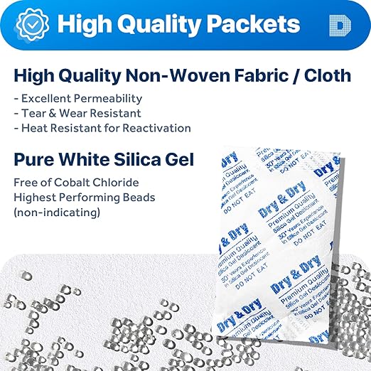 Dry & Dry 30 Gram [50 Packets] Silica Gel Packets Desiccants, Silica Packets - Rechargeable Silica Gel Packs, Silica Gel Packets, Desiccants Packets, Silica Gel