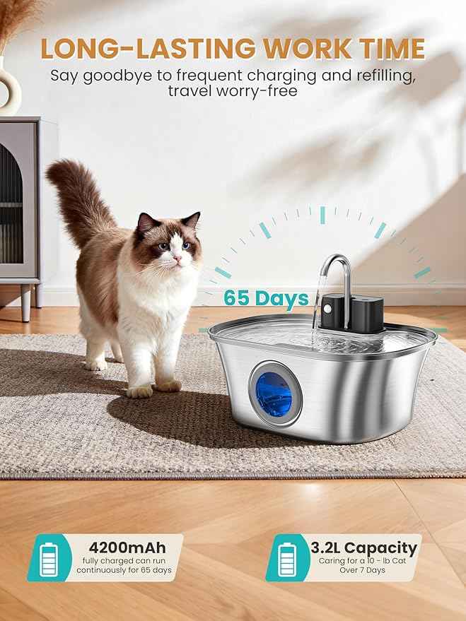 Cat Water Fountain Stainless Steel Cat Fountains for Drinking-108oz/3.2L Quiet Water Fountain for Cats Wireless Cat Water Fountain with Water Level Window for Cats&Dogs Indoor (3 Filter)