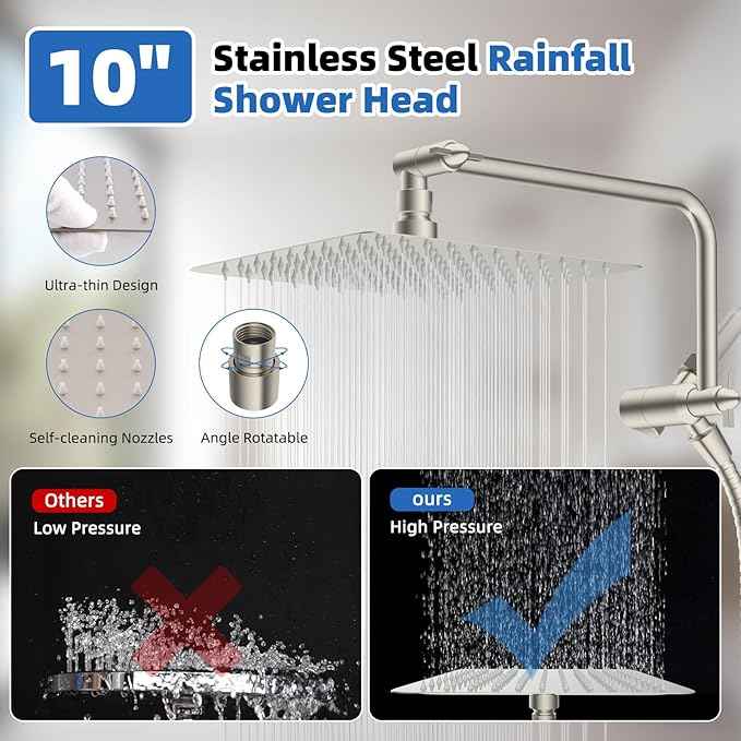 All Metal Shower Head, 10" High Pressure Rainfall/Handheld Shower Combo with 11" Extension Arm, 10-Spray Handheld Showerhead, 71" Long Hose, 3-Way Diverter Valve, Brushed Nickel