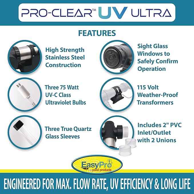 EasyPro PCU225W PRO-Clear™ UV Ultra Stainless Steel UV Clarifier / 225 Watt/Max. Flow Rate: 9000 GPH/Max. Pond: 24,000 Gallons
