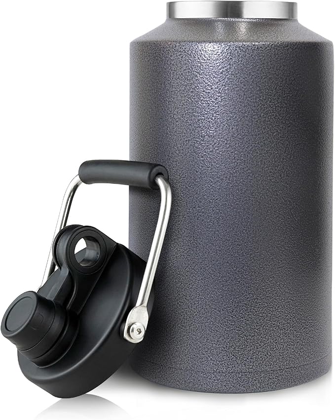 1 Gallon Water Bottle Insulated Stainless Steel Keeps Ice 48Hr, Large Water Gallon Jug Wide Mouth Leakproof Vacuum for Gym, Camping, & Construction Charcoal Gray