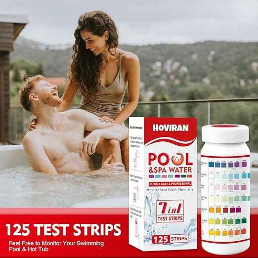 Pool Test Strips 7 Way, 125 Quick Swimming Pool Test Strips, Reliable Hot Tub Spa Water Testing Kit for Bromine, Total Alkalinity, pH, Free Chlorine, Total Hardness, Cyanuric Acid, and Total Chlorine