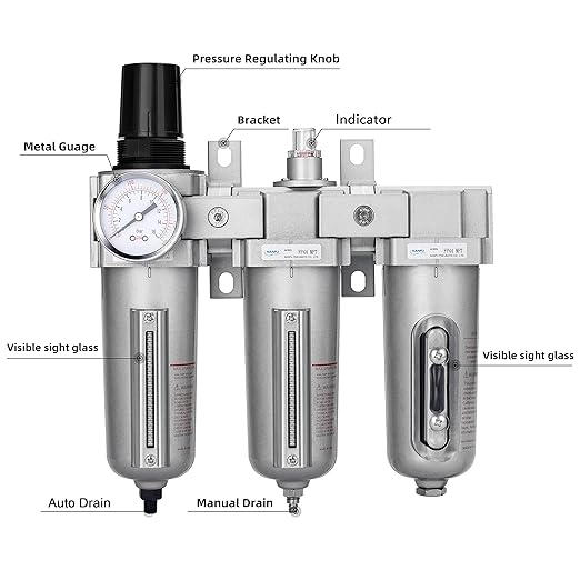 NANPU 1/2" NPT Industrial Grade 3 Stage Air Drying System - Particulate Filter, Coalescing Filter, Desiccant Dryer & Air Regulator, Metal Bowl, Auto Drain, Suitable for Paint Spray＆ Plasma Cutter - AquaVibe