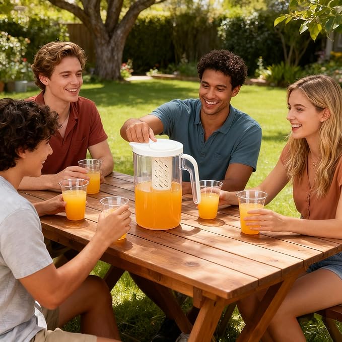 Plastic Pitcher With Lid and 4 Cups, 62oz, Clear Water Pitcher with Lid, Fridge Jug, BPA Free, Great for Iced Tea, Sangria, Lemonade, Juice, Milk, and More