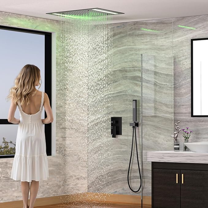 14x20 Inch LED Rainfall Shower Head- High Pressure Overhead Shower Heads with Water Filter Large Square Ceiling Mounted Bath Showerhead for Strong Spray & Relaxing Rain Shower (Black)
