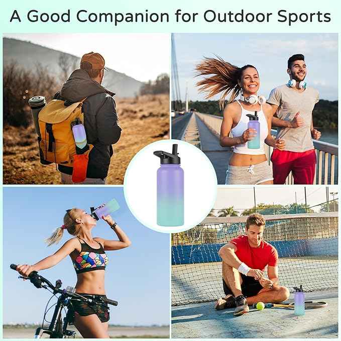 DOMICARE 32 oz Insulated Water Bottle, Vacuum Insulated Stainless Steel Sports Water Bottle with Straw Lid & Spout Lid, Leakproof, Reusable - Travel, Camping, Bike, Purple Green Gradient