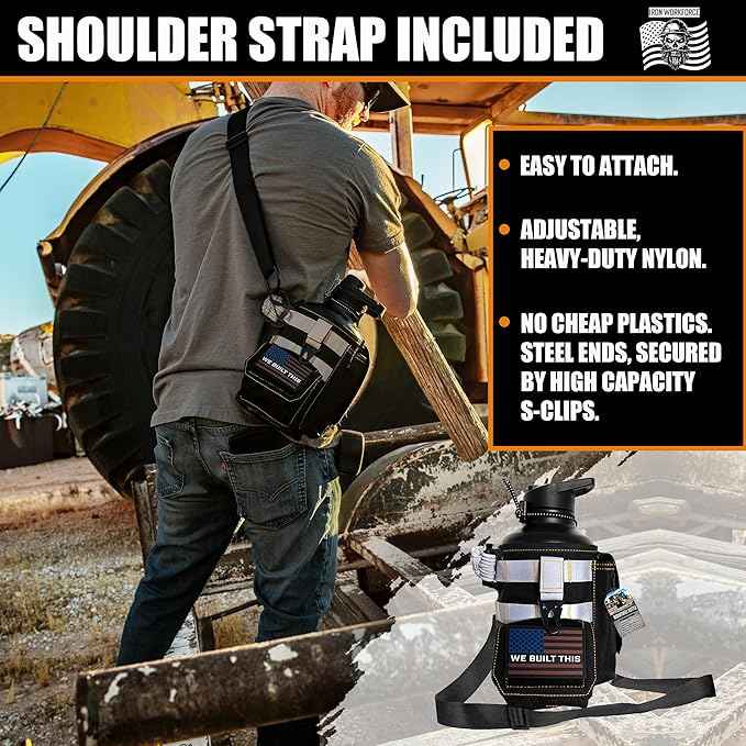 Iron Infidel Workforce Water Bottle - 64 oz Insulated Stainless Steel | Half Gallon Vacuum Water Jug | Paracord Handle, Removable Sleeve | Large Thermal Flask | Hiking, Camping, Workouts (Black)